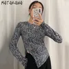 MATAKAWA Vintage Round Neck Slim Woman Tshirts Irregular Side Tops Slit Leopard Print Bottoming T-shirt Women Fashion Clothing 210513