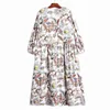 [EAM] Women White Floral Print Big Size Dress V-Neck Three Quarter Sleeve Loose Fit Fashion Spring Summer 1DD7243 210512