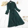 Floral Print Chiffon Dress Women Spring Loose Flare Sleeve Ruffles Office Pleated Midi Dress Casual Plus Size Vestidos 210521