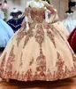 Sparkly Red Ball Gown Quinceanera Dresses with Dechable Sleeves rose gold Sweetheart Tulle Vintage Lace Applique Sweet 16 Dress Party Wear