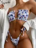 Syiwidii ​​Mayo Kadın Mayo 2 Parça Set Seksi Bikini Pembe Bandeau Pileli Yüzme Beachwear Yeşil Baskı Thong 210712