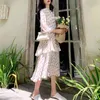 春秋の弓襟ベージュ花柄シフォンカスケードフリル長袖Midi Dress D1658 210514