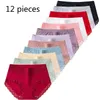 12 Stück Baumwoll-Damenunterwäsche, niedlich, sexy, bequem, weiche Spitzenhöschen, nahtlose Mädchen-Slips, Flingerie, große Größe, SALE 220311