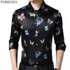 Czarny Jedwabny Satin Sukienka Koszula Mężczyźni Stylowe Butterfly Drukowane Koszule Mężczyźni Slim Fit Long Sleeve Club Party Social Social Koszula Mężczyzna 210522