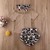 0-18m Född spädbarn Babyflickor Leopard Kläder Set Stickade Ruffles Toppar T Shirt Bow Bloomer Shorts Sommar Outfits 210515