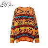 H.SA Camisola e Knitwear Mulheres Inverno Pullovers Casual Graffiti Longo Jumpers Oversized Laranja Azul Malha Chique Chique Camisolas Natal 210716