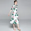 Zarif kadın Yay Yaka Balo Elbise Moda Pist Yaz Kısa Kollu Şifon Gül Çiçek Baskı Uzun Elbiseler 210514