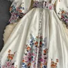 Femmes Vintage robe longue printemps été manches avec ceinture Bandage es dames imprimé fleuri Blouse plage Maxi 210525
