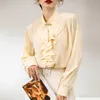 Högkvalitativ vårmodig designers Ruffles Solid 100% Real Silk Blouse Women Elegant Office Lady Shirts Party Tops 210601
