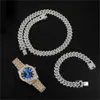 Hip Hop – KIT de 3 pièces de montre lourde, collier cubain à broches, Bracelet 13.5MM, cristal scintillant AAA + chaînes en strass glacés, bijoux pour hommes