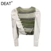 [DEAT] Spring Moda Topy Single-Breasted Splicing Knitting Długim Rękawem Okrągły Neck Osobowości Kobiet Koszula 13C458 210527