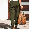 Macacões das mulheres cor sólida exército do exército verde monte de pé bolso elástico elástico lace up ferramenta calças 211124