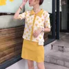 PERHAPS U Women Set Knitted O Neck Two Pieces Short Sleeve Skirt Heart Print Yellow Purple T0242 210529