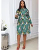 Women Printed Pleated Dress Long Sleeves With Bowtie Floral Knee Length Elegant Office Ladies Classy Fashion African Female Casual Dresses