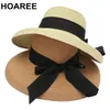 Summer Hat British Vintage Womens Sun Bowknot Straw Wide Brim Protection Beach Sombrero Hats Elob22