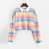 Polo Shirt Women Sweatshirt Long Sleeve Rainbow Color Ladies Hoodies With Button Striped Korean Style 210805