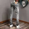 Włoski styl moda mężczyźni dżinsy retro elastyczna bawełniana szczupła zgrywanie streetwear haft patchwork projektant spodnie drelichowe