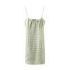 Puwd magro meninas macio algodão mini vestido de verão moda senhoras verde xadrez mulheres mulheres chique bonito 210427