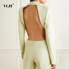 VHH Asymetryczny blezer dla kobiet Notched Collar z długim rękawem Backless Hollow Out Beading Green Coats Style Fashin Fashin 211019