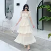 Summer Women Lace Embroidery Long A-Line Cake Dresses Female Short Sleeve threeLayers Ruffles Patchwork Runway Layered Dres 210514