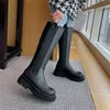 Women Riding Boots Shoes Genuine Leather Platform Mid Heel Knee High Block Heels Slip On Ladies Long Black 210517