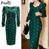 Donkergroen Midi Bodycon Jurk voor Party Vintage Retro Polka Dot Puff Sleeve Ruched Long Spring Chic Elegant Robe 210421