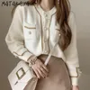 MATAKAWA Pearl Button Women's Sweater Coat Korean Autumn and Winter Retro V-neck Sweaters Gold Silk Stitching Knitted Cardigan 210513