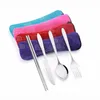 Stainless Steel Travel 3Pcs/Set Portable Cloth Bag Spoon Fork Chopsticks Knife Set Fruit Cake Forks Picnic Tableware Sets BH5793 WLY