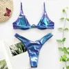 Kvinnor sommar sexig brasiliansk bikini set holografisk glänsande metallisk baddräkt push up vadderad underwire strand baddräkt 210621