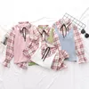 HSA Kvinnor Casual Blouses Flar Sleeve Plaid Spring Tops Outwear Bow Tie Pink Stick Vest Fake 2 PCs Koreanska Girls College 210430