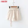 Tangada sommar kvinnor solida shorts med bälte vintage hög elastisk midja kvinnlig grundläggande korta byxor 5n11 210609