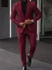 Męskie Garnitury Blazers (Kurtka + Spodnie) Jesień Streetwear Wino Czerwony One Button Slim Fit Tuxedo Wedding Man Suit 2 Sztuka Formalna Blazer Custom Mad