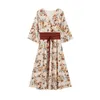 Elegant Printed Belt Dress Women Chiffon Long Beach Loose Half Sleeve V-neck A-line Sexy Party Vestidos de fiesta 210601