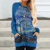 Herfst winter vintage kunst kleurrijke printjurk vrouwen elegante o-neck feestjurken met lange mouwen vrouwelijke casual zakken veatidos 3xl