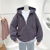 Women's Stripe Zipper Hoodie Coat Large Size Loose Casual Thicken Fleece Jacket Full Zip Up Sherpa Lined Hooded Sweatshirt 220308
