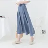 Blå Solid Knapp En Linje Chiffon Midi Skirt Empire Summer Casual S0067 210514