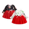 Girl's Dresses Kids Christmas Net Yarn Dress Cartoon Patterns Print Round Neck Long Sleeve Stitching Girls Spring Autumn Cute