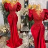 2021 роскошные сексуальные арабские красные вечерние платья носить бархатные драгоценные шеи иллюзия с короткими рукавами кружевные аппликации хрустальные бусины русалка плюс размер формальных вечеринок