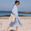 Summer Autumn Cotton Linen Loose Causal Button Big Size Blue Girl Female Simple Long Tops Shirt Blouse Beach E099 210603