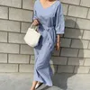 Été rayé coton lin longue robe femmes mode grande taille Vestidos Vintage col en v demi manches lâche pour 210510