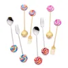 Cute Lollipop Stainless Steel Spoon Fork Coffee Ice Cream Candy Dessert Flatware Baby Kids Dinnerware Tableware Kitchen Tools KKB7040