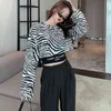 Lucykever High Street Style Zebra Wzór Kobiety Krótka Koszulka Casual Paski Z Długim Rękawem Koszula Kobieta Moda Damska Topy 210521