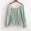 Stijlvolle Sweet Stretch Ruffled Blouses Vrouwen Vintage Slash Neck Drie Kwart Mouw Vrouwelijke Overhemden Party Cute BLSUS 210430