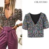 Za Summer Sexy Crop T-shirt Top with Deep V-neck Sequined Half Sleeve Party Tee Top Femme Cool Personality Club T-shirt Top X0628