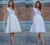 2022 Elegant Short Ivory Tulle Wedding Dress A Line Long Sleeves Pearl Knee-Length Bridal Gowns Wedding Party Dresses Vestido Novia Robe De Mariée