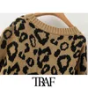 TRAF Women Fashion Leopard Mönster Lös Strikkad Cardigan Tröja Vintage Lantern Sleeve Kvinna Ytterkläder Chic Toppar 211120