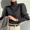 Fashion Black Women Blouse Office Lady Turtleneck Lantern Sleeve Shirts for Button Solid Female Clothing 12882 210508