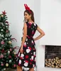 Weihnachts-Party-Kleid Frauen Weihnachtskräfte Druck O Neck Sleeveless Schärpen Vintage Kleid Elegante Swaing Midi Kleider Vestidos 210507
