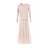 PERHAPS U Pink Blue O Neck Long Sleeve Knitted Maxi Mesh Long Dress Solid Autumn D0693 210529