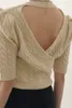 Printemps coréen élégant femmes O cou Tops prudent machine fuite dos motif de lin creux à manches courtes pull tricoté femmes 210508